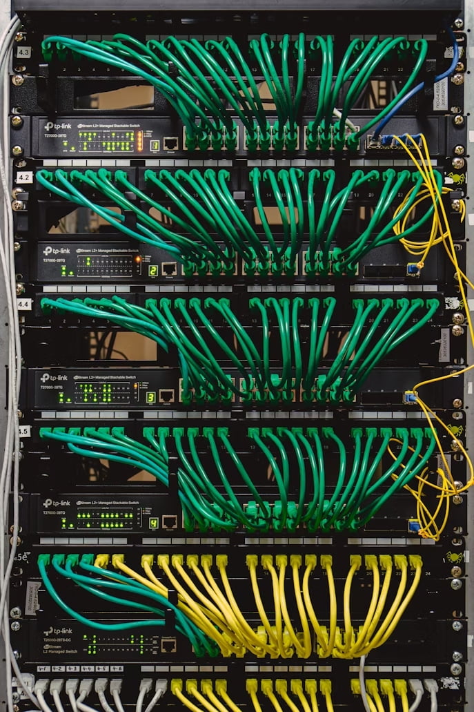 Fiber optic transceivers and patch cables in a professional network rack